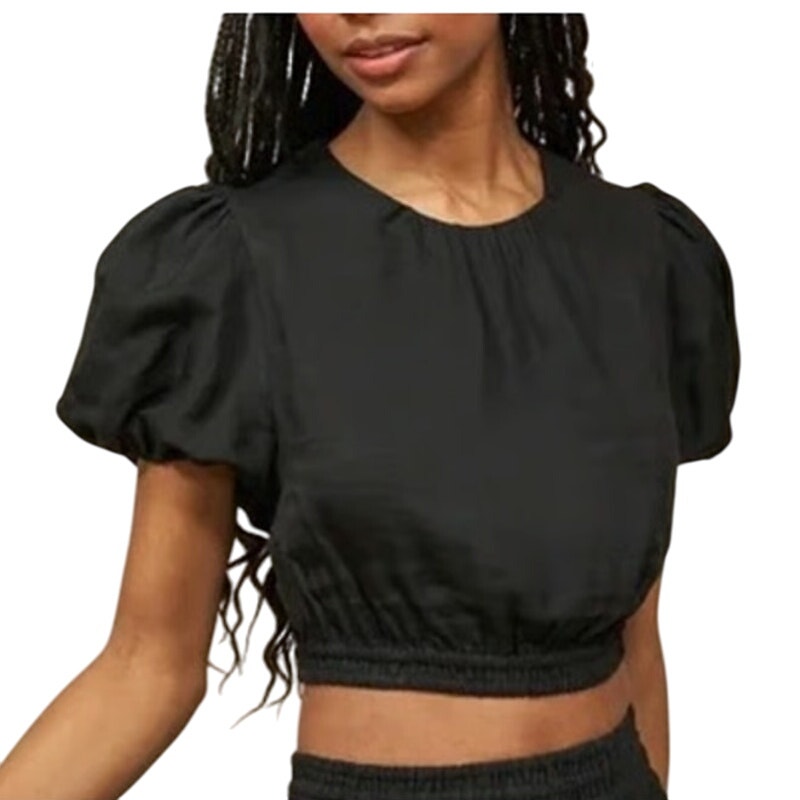 La Ligne Xs Odette Black Linen Blend Crop Top Puff Sleeve Pleated Chic
